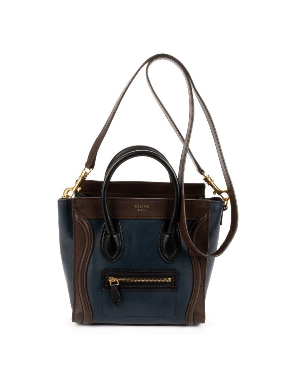 Celine Nano Tricolor Luggage Tote Bag Navy Brown Black Smooth Calfskin